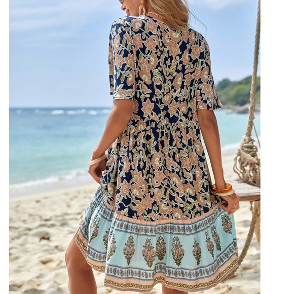 Boho Floral Print half Button Short Sleeve Dress - Picture 3 of 5